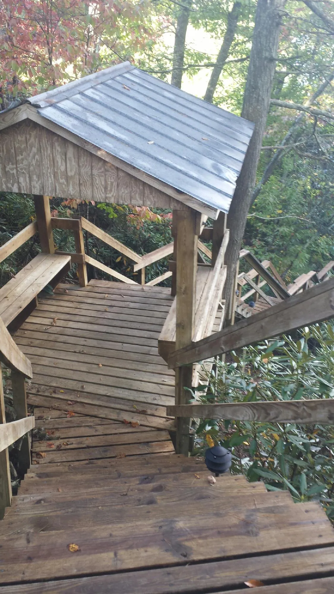 Metal roofed shelter over wooden steps on a wooded walkway — Skylight Repair & Installation work by our crew in Twin Mountain